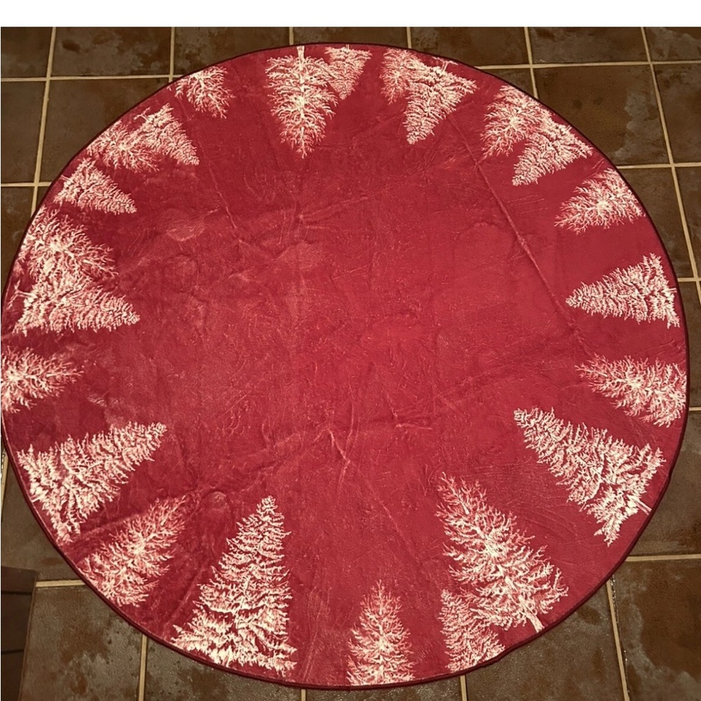5’ Red round area rug with white Christmas trees, holiday, party, winter festive